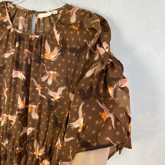 Happy Nature size L short puff flutter sleeve midi dress brown bird print NEW - Picture 9 of 17